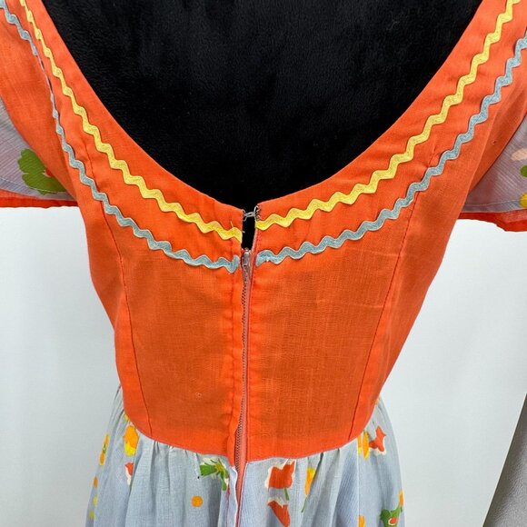 Vintage Handmade Peasant Dress Sweetheart Neckline Orange Floral Print Rick Rack - Picture 4 of 8